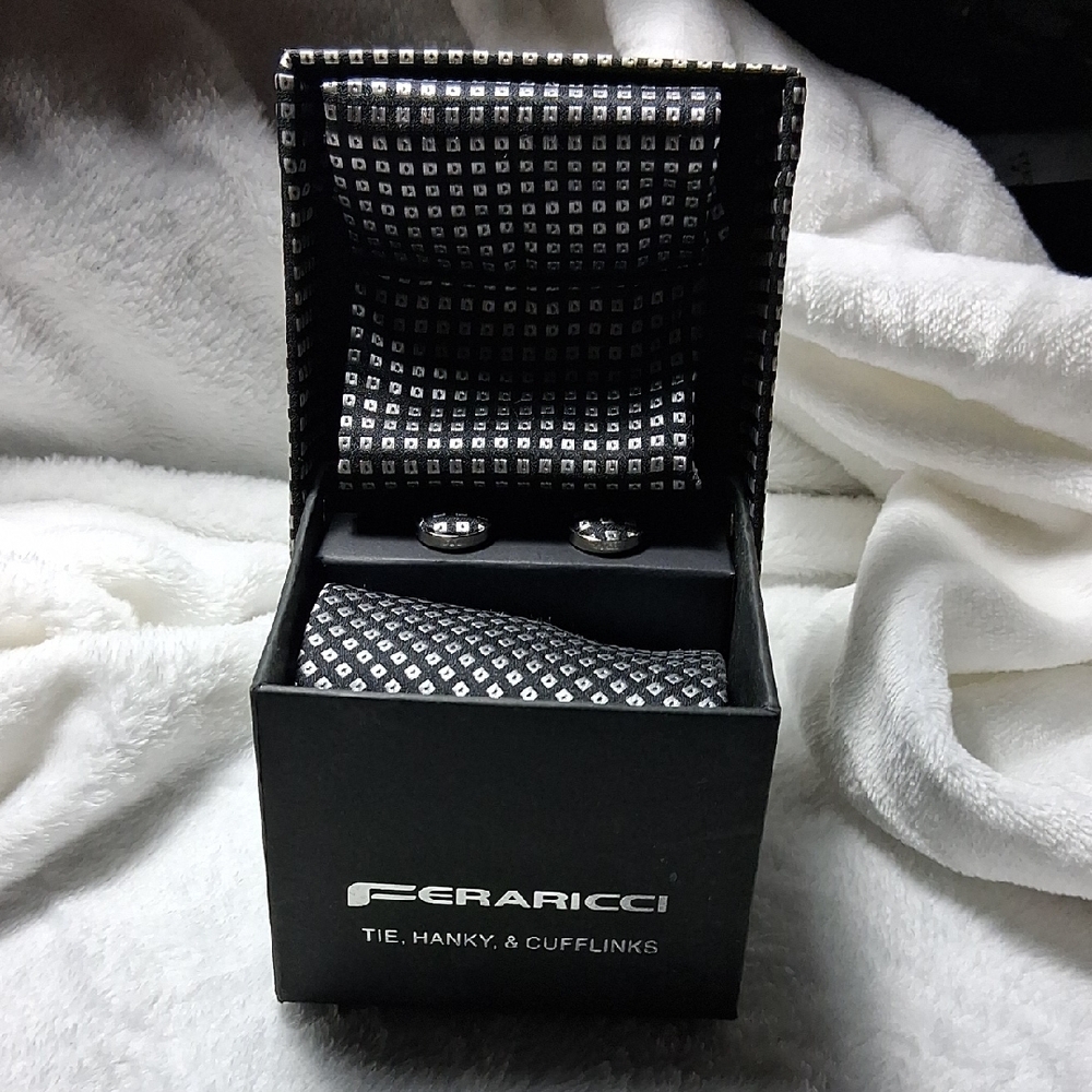 Black and White Elegant Tie , Hanky, And Cuff Links